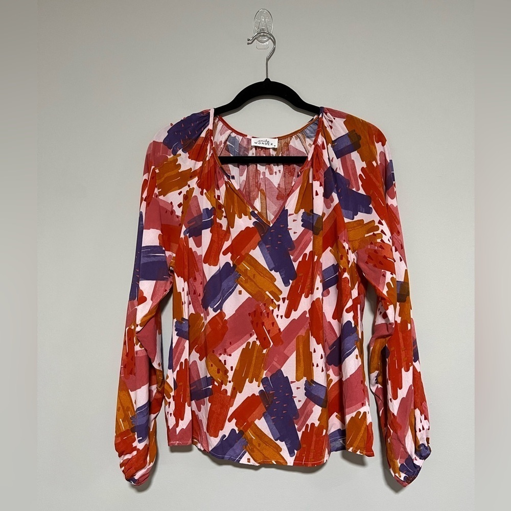 Emily Wonder Abstract Multicolor Long Sleeve Popover Top Size Medium
